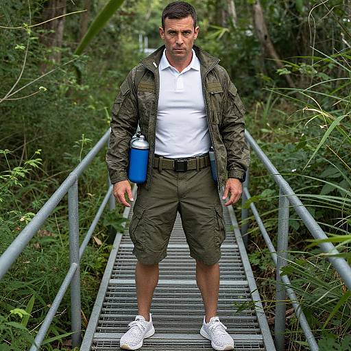 Photograph of a muscular man with short dark hair, wearing a camo jacket, white shirt, khaki shorts, and white sneakers, carrying a