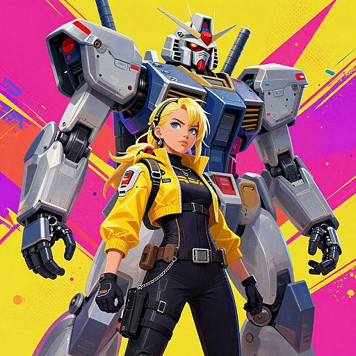 Digital anime-style artwork of a blonde woman in a yellow jacket and black pants, standing confidently in front of a large, white and blue robot with red