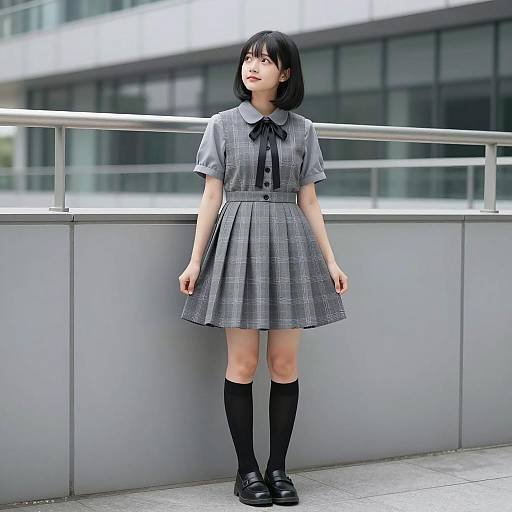 Young Woman in Gray Plaid Dress