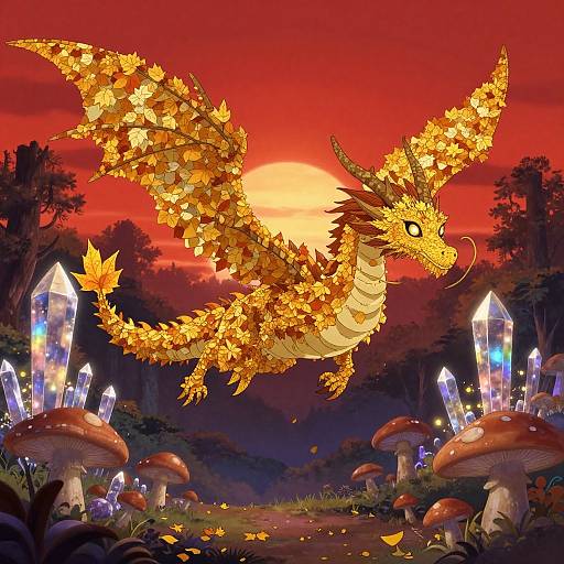 Digital art: Golden dragon with leaf patterns flies over a vibrant forest at sunset, surrounded by glowing crystals and mushrooms.