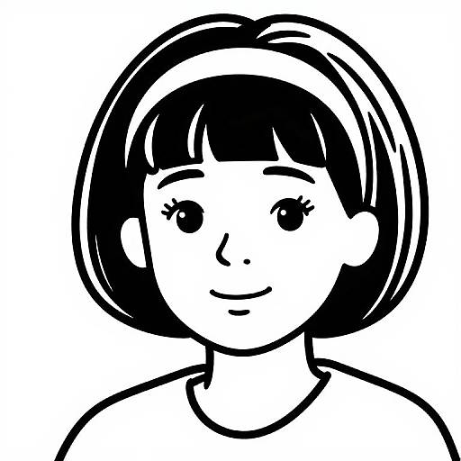 Black and white digital drawing of a smiling girl with short bob haircut, headband, and simple shirt, using bold lines.