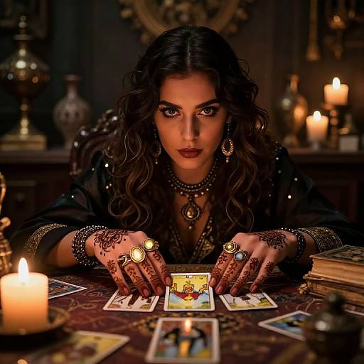 Mysterious woman with dark hair, intense eyes, and intricate henna hands, surrounded by candles, laying tarot cards in a dimly lit,