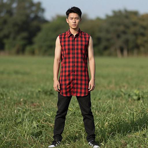 Photograph of an Asian man with short black hair, wearing a sleeveless red and black plaid shirt, black pants, and black sneakers, standing