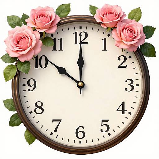 Photograph of a round clock with black numbers and hands, adorned with pink roses and green leaves on top.