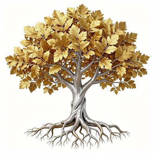 Digital illustration of a tree with golden leaves, intricate white and gray twisted trunk, and exposed roots on a white background.