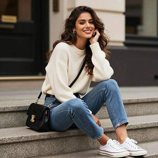 Photograph of a smiling young woman with wavy brown hair, wearing a white sweater, blue jeans, white sneakers, and a black handbag,