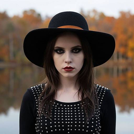 Photograph of a pale-skinned woman with dark makeup, red lipstick, black hat, and studded dress, standing in front of a blurred autumn
