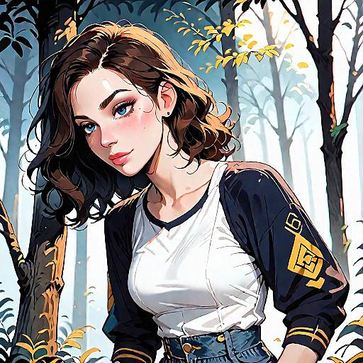 Young Woman in Varsity Tank Top and Denim Shorts in Forest