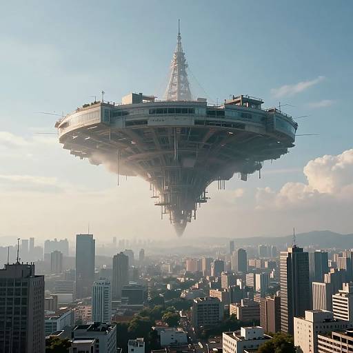 Photorealistic CGI of a futuristic, spherical city-ship hovering above a modern skyscraper-filled cityscape, with a tall spire at its center
