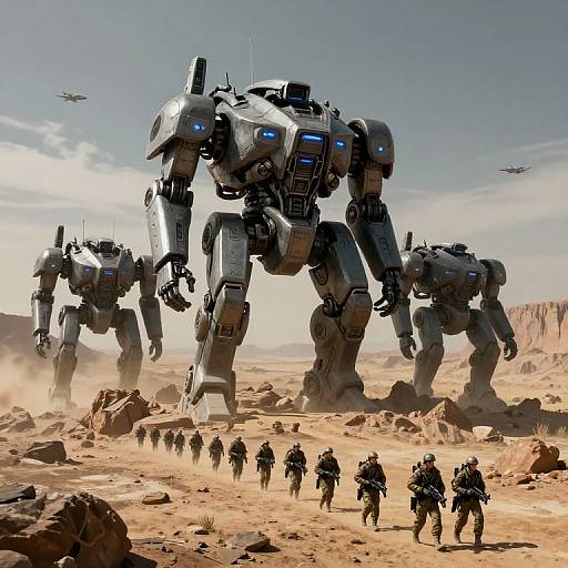 Photorealistic CGI: Giant metallic mechs with glowing blue eyes dominate a desert landscape, towering over a group of soldiers running towards them, with small