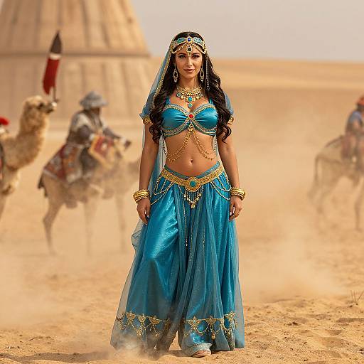 Photograph of a dark-haired woman in a blue, gold-embellished harem outfit and veil, standing confidently in a desert with blurred cam