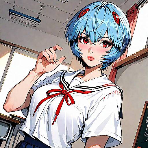Rei Ayanami in Dynamic School Uniform Pose