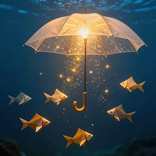 Photograph of a glowing umbrella with sparkling lights, surrounded by six goldfish underwater, against a deep blue ocean background.