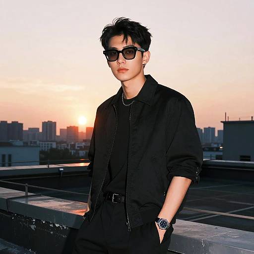 Confident Character on Rooftop Sunset