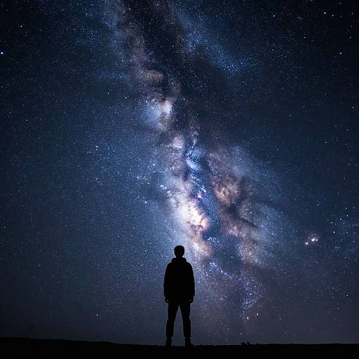 Silhouetted person stands in awe, gazing at a mesmerizing, star-filled Milky Way galaxy in a dark, night sky. Photograph.