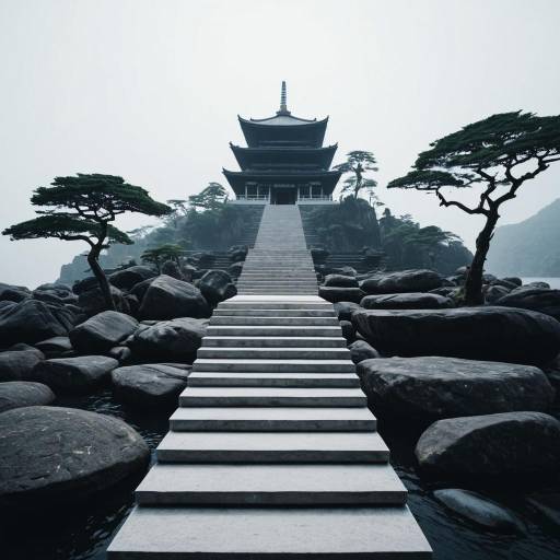 Long Stone Steps Leading to Zen Temple on Floating Rock