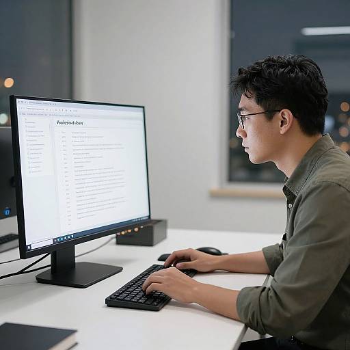 Photograph of an East Asian man with short black hair and glasses, wearing a green shirt, typing on a computer in a modern office with a window