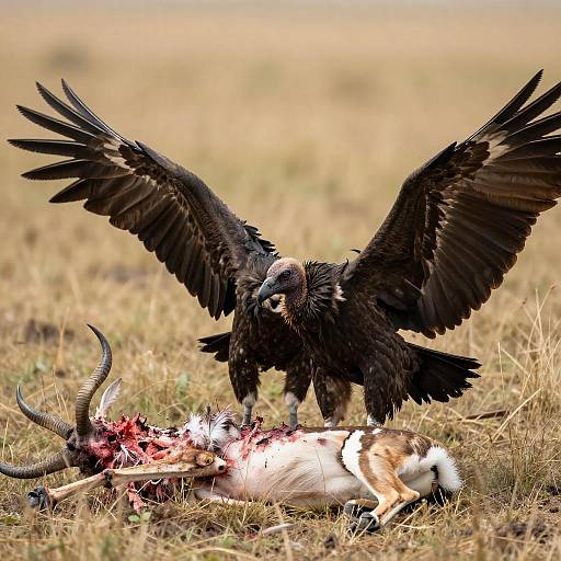 Vultures Feeding on Antelope Carcass in Savanna