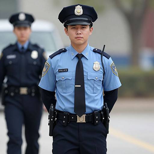 Photograph of two young male police officers in blue uniforms and black hats standing outdoors, with one in focus and the other blurred in the background.