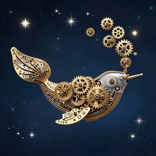 Steampunk-style fish crafted from golden gears and cogs, floating in a dark blue starry space, with gears escaping its mouth. Digital art