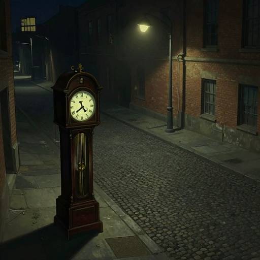 Nighttime photograph of a vintage, dark wooden clock standing on a cobblestone street beside a dimly lit, red-brick building.