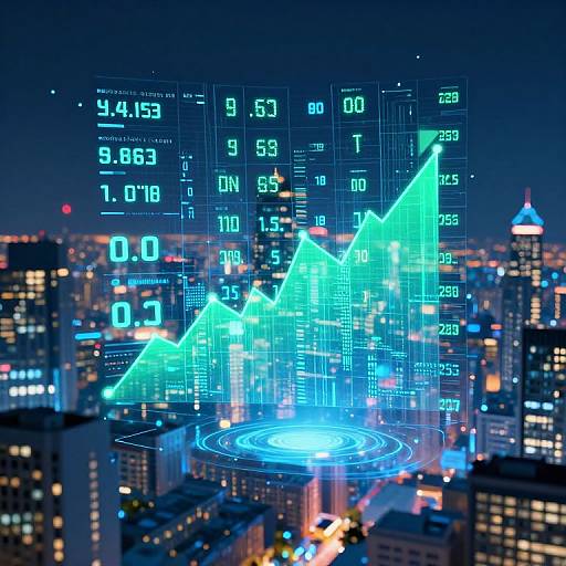 Digital cityscape with glowing blue data graphs overlaying skyscrapers, featuring neon numbers and graphs, set against a night sky.