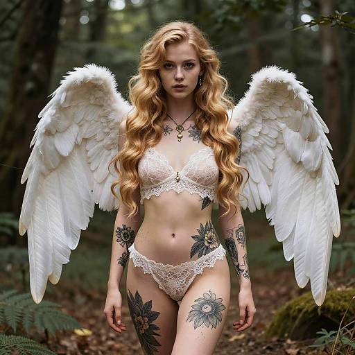 Photograph of a blonde angelic woman with long wavy hair, white lace lingerie, large white feather wings, and extensive tattoos, standing in a