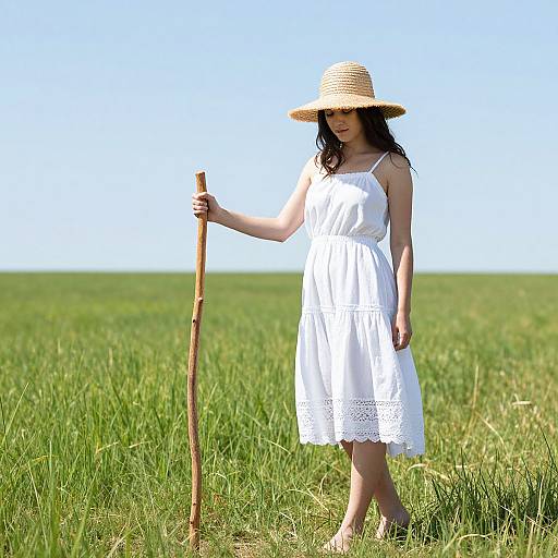 Photograph of a young woman in a white lace dress and straw hat, holding a wooden cane, standing in a green field under a clear blue sky