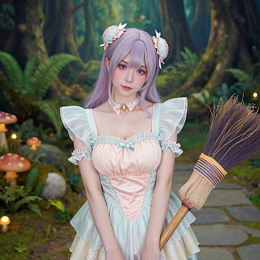 Digital anime-style photograph of a young woman with lavender hair, white floral dress, holding a broom, in a magical forest with mushrooms and ferns