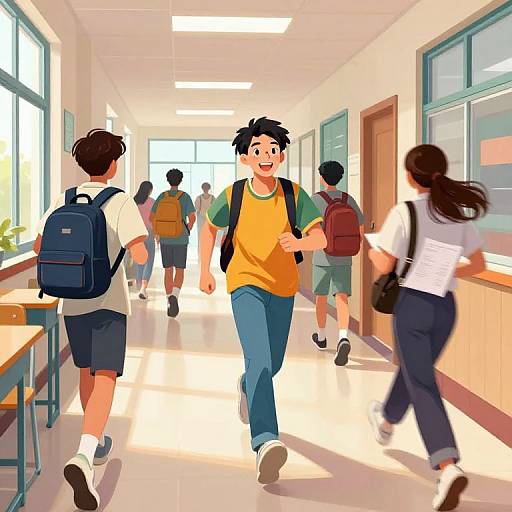 Digital illustration of a bright, sunlit school hallway with five students walking; one in orange shirt, others in casual clothes, backpacks, and white