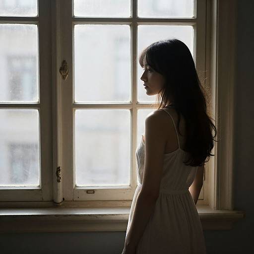 Silhouetted woman with long dark hair in white sleeveless dress stands beside bright window, backlit, creating stark contrast. Photographic image.