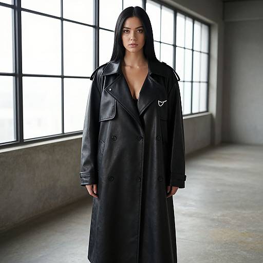 Photograph of a serious, dark-haired woman in a long, black leather trench coat standing in a dimly lit industrial room with large windows.