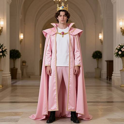 Photograph of a young man with curly brown hair, wearing a gold crown, pink satin royal robe with gold trim, and white shirt, standing in