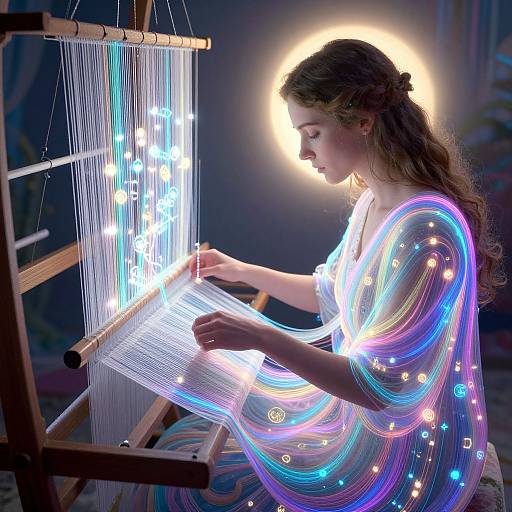 Photograph of a glowing, haloed woman weaving luminous, multicolored threads on a loom, with radiant lights surrounding her.