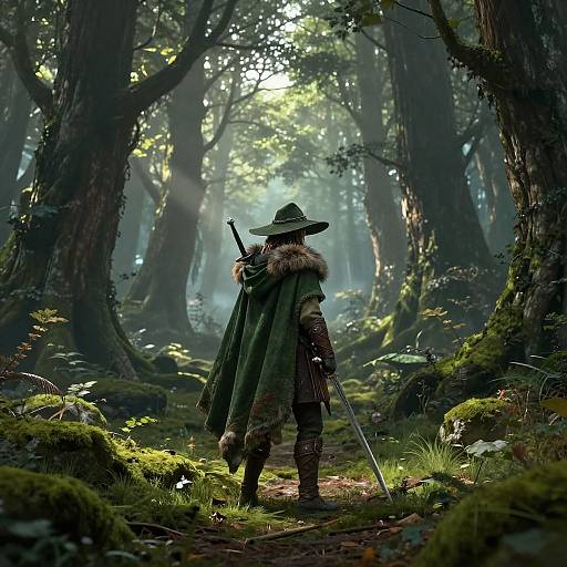 Photorealistic digital art: Medieval warrior with green cloak, fur-trimmed hat, sword, and armor stands in sunlit, misty forest