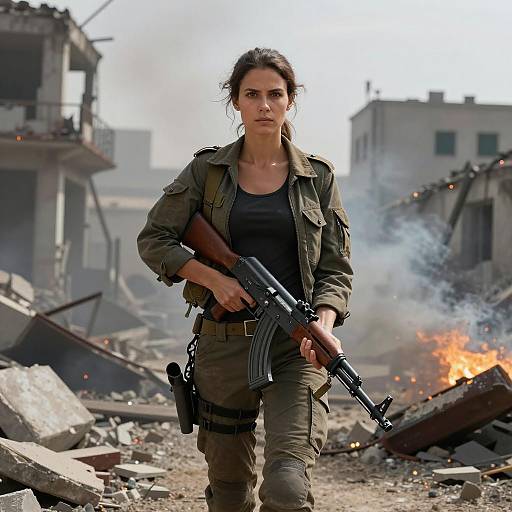 Cinematic Warrior in War-Torn Landscape