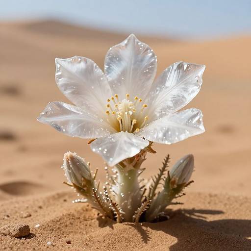 Photograph of a delicate, translucent white desert flower with dewdrops, surrounded by small buds, set against a sunlit, sandy background.