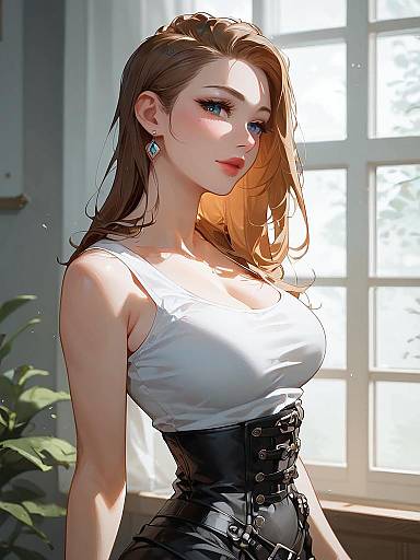 Digital anime-style portrait of a fair-skinned woman with long brown hair, blue eyes, wearing a white tank top and black corset, standing in