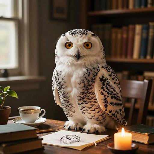 Snowy Owl Scholar in Cozy Study