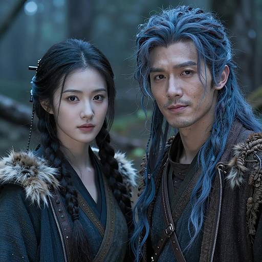 Two People with Blue-Tinted Hair in Forest