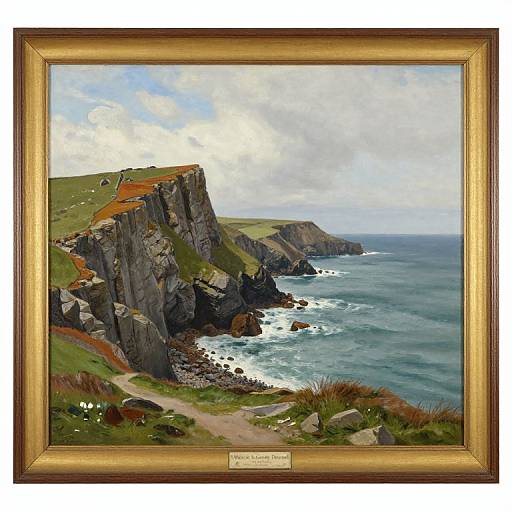Oil painting of rugged cliffs and ocean, framed in gold, signed 