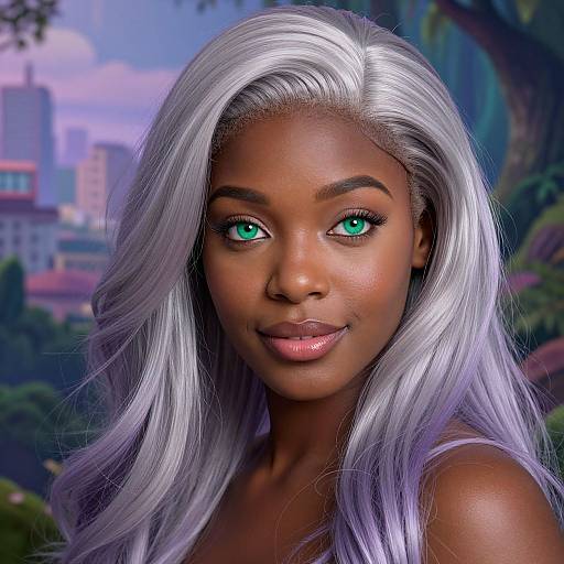 Photorealistic digital portrait of a beautiful dark-skinned woman with long, silver hair, vibrant green eyes, and pink lips, set against a blurred