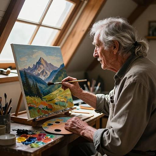 Photograph of an elderly white man with gray hair painting a mountain landscape in a sunlit attic studio, holding a brush.