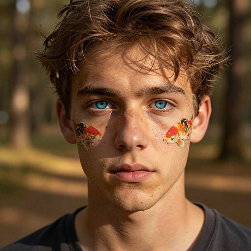 Photograph of a young man with blue eyes, brown messy hair, wearing a black shirt, with goldfish-shaped face paint on cheeks, standing in