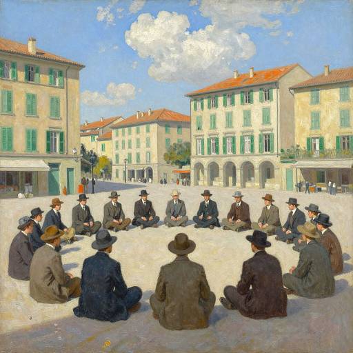 Impressionist painting of a group of men in early 20th-century attire, seated in a sunlit European town square with colorful buildings.