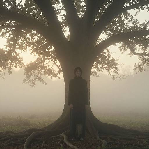 Photograph of a person standing against a massive, misty tree at dawn, silhouetted by soft, diffused sunlight, with roots spreading