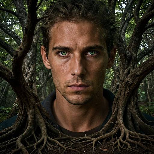 Photograph of a serious, green-eyed, brown-haired man with slight stubble, framed by thick, intertwining tree roots in a dense forest.