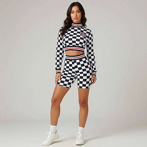 Photograph of a woman with long black hair, wearing a black and white checkered long-sleeve crop top and matching shorts, white socks,