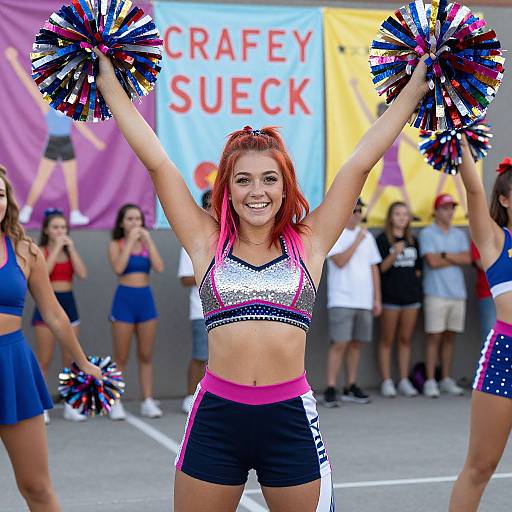 Photograph of a redheaded cheerleader with pink-tipped hair, sparkling silver and pink top, black shorts, and colorful pom-poms, smiling