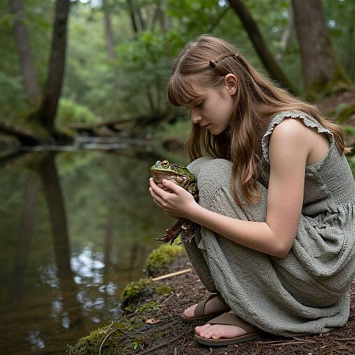Photograph of a young woman with long brown hair in a green dress, crouching by a forest stream, gently examining a frog.